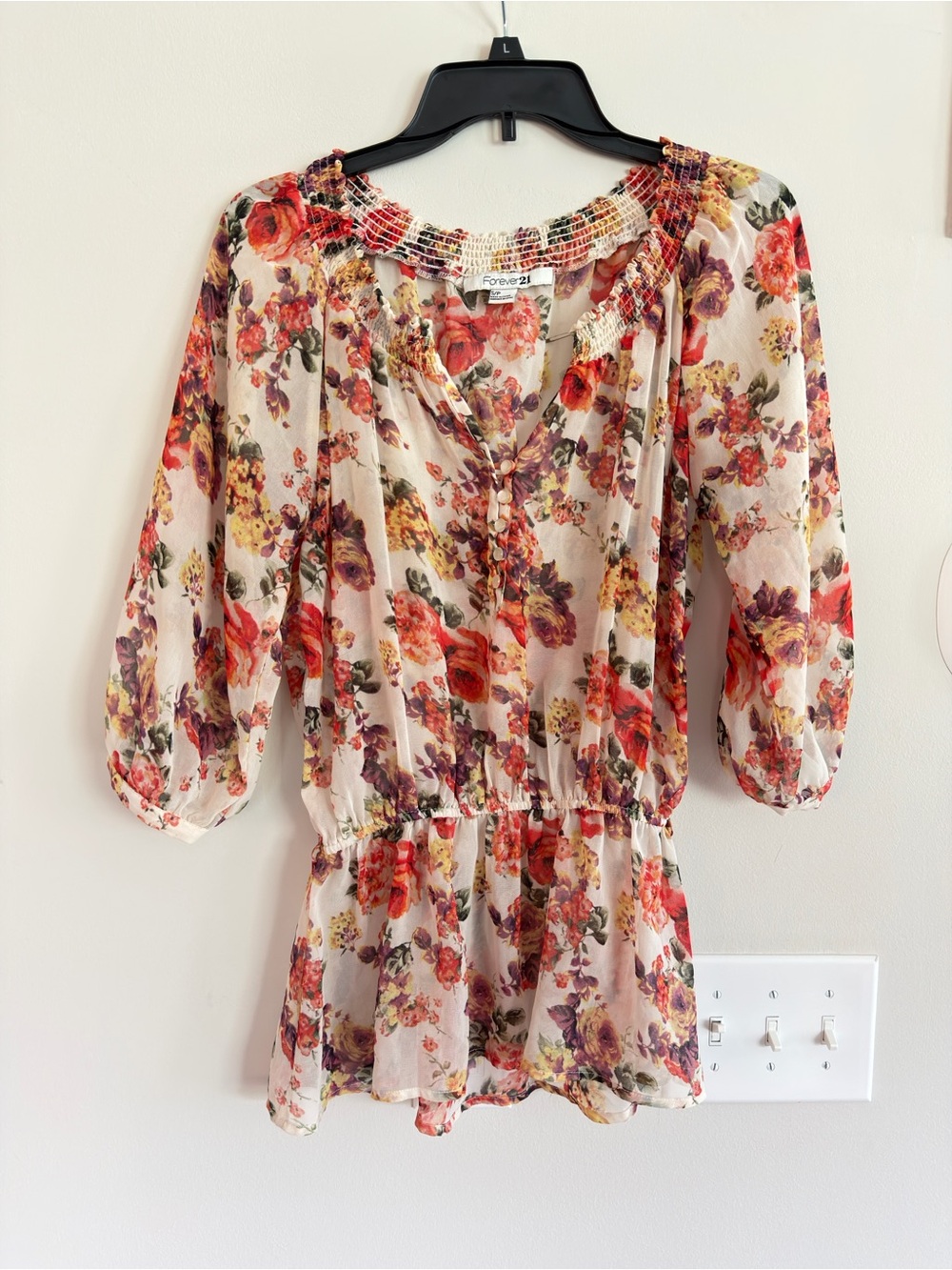 Forever 21 Cream Floral Peasant Tunic with Red & Purple Blooms